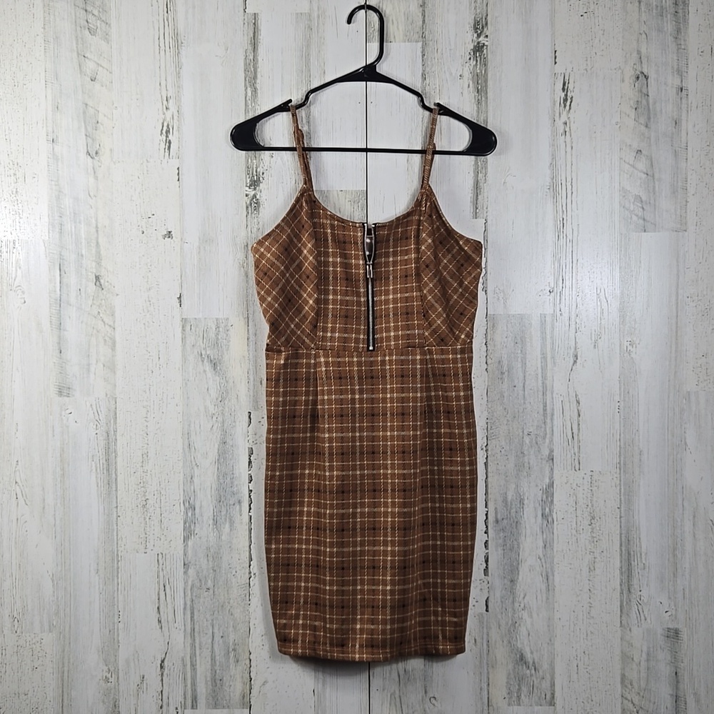 no boundaries brown tan plaid mini dress women's size medium